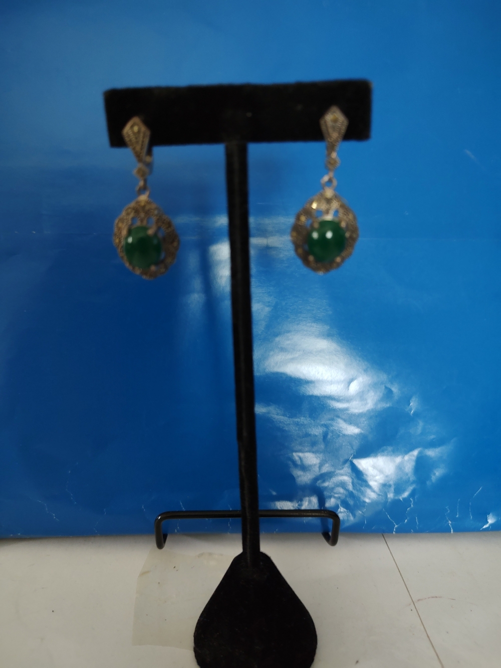 Gold-Tone Filigree Drop Earrings with Green Cabochon